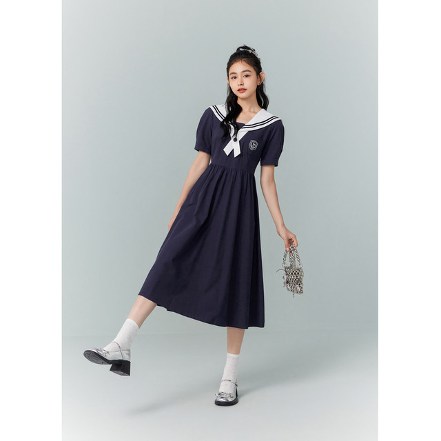 Zihan college style dress women's summer new Japanese casual navy collar tie waist short-sleeved mid-length skirt