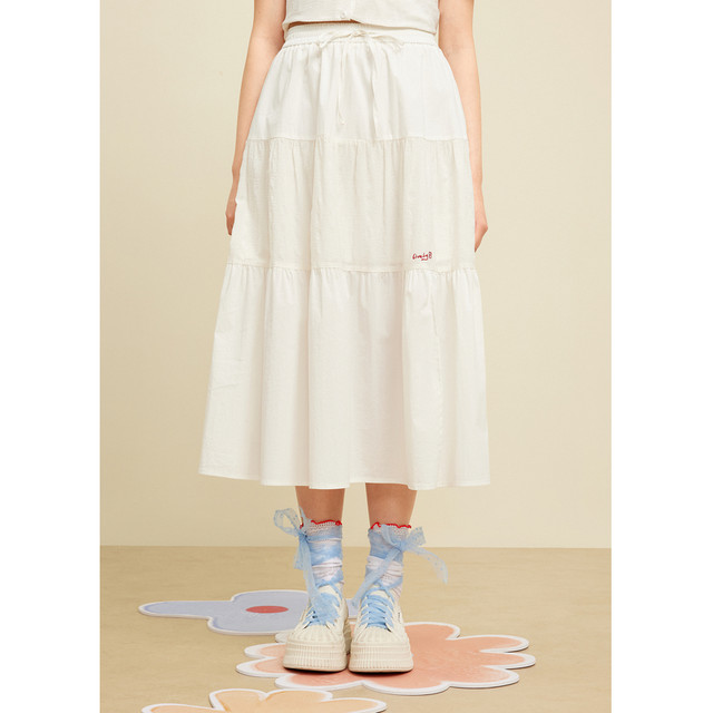 Zihan high waist spliced ​​slit skirt for women 2025 summer new sweet loose white tethered a-line skirt

