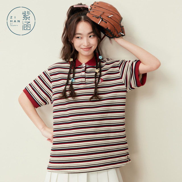 Purple-Han Red Striped POLO Shirt for Women 2025 Summer New Navigation American College Style Loose Short Sleeve T-Shirt