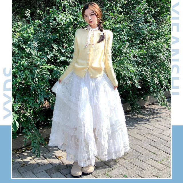 White lace skirt for women in summer mesh irregular umbrella skirt small puffy skirt high waist a line cake skirt
