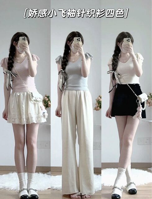 Hot girls' niche design sense small flying sleeve knitted short sleeve 2025 summer new slim fit slim V-neck versatile top