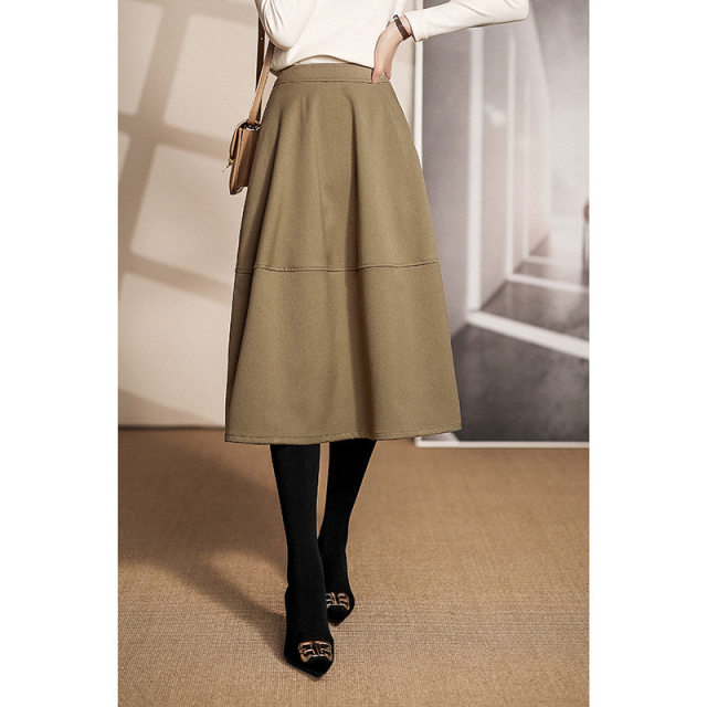Khaki Autumn and Winter Skirt Women's Woolen Splicing Design Niche A-Line Skirt Pocket Midi-Length Skirt
