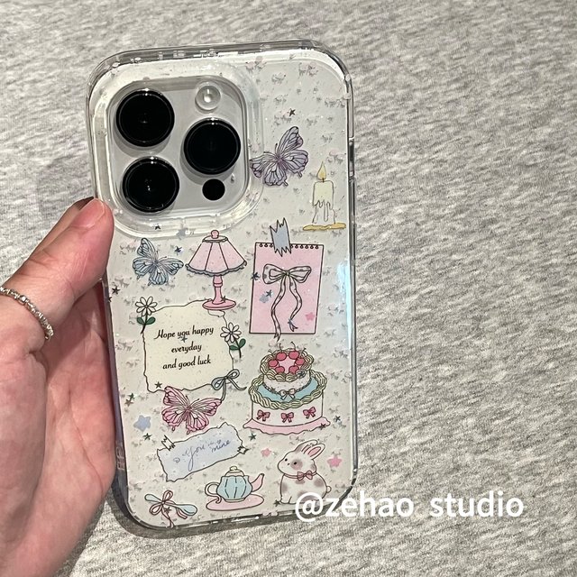 
ZEHAO*ins girly glitter table lamp cake double layer printing Korean style 14 suitable for iphone16promax apple 16pro mobile phone case apple 16/15 soft 17Promax protective cover 1 female