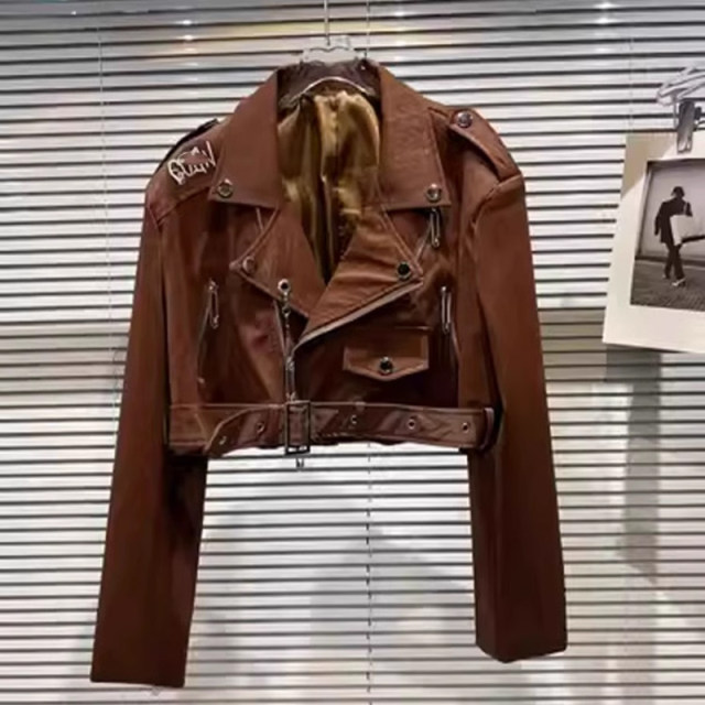 High-end Internet celebrity same style back embroidered lace-up leather jacket for women 2025 Spring and Spring New Hot Girls Motorcycle Short Jacket