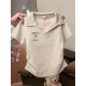 Gray front shoulder polo neck short-sleeved T-shirt for women in spring and summer pleated waist and slimming large size fat mm pure cotton shirt top