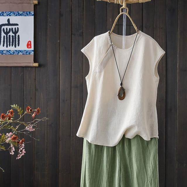 I-shaped summer solid color literary suspender large size vest vest women's cotton linen loose casual and versatile base top
