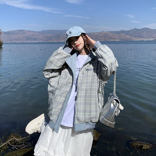 3MER Oh, three girls, wearing plaid stand-up collar jacket on both sides, spring and autumn loose design, men and women's retro jacket
