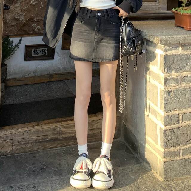 3MER Oh, the three girls American retro washing and old denim skirt for women, versatile A-line short skirt, high-waisted skirt
