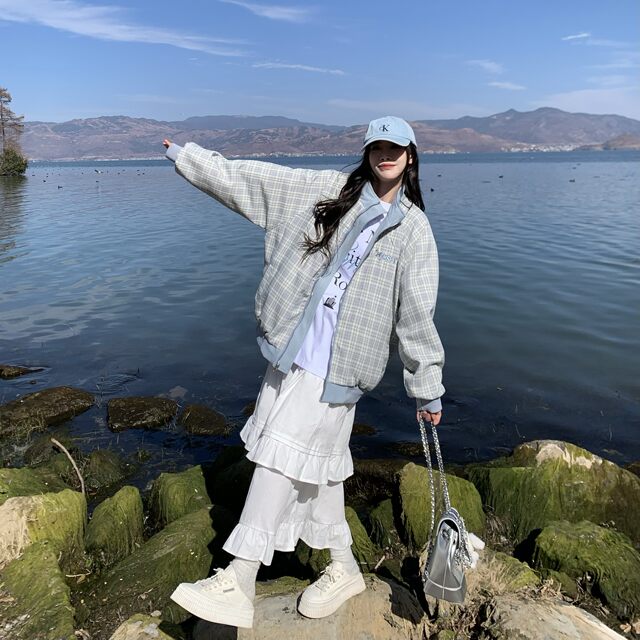 3MER Oh, three girls, wearing plaid stand-up collar jacket on both sides, spring and autumn loose design, men and women's retro jacket
