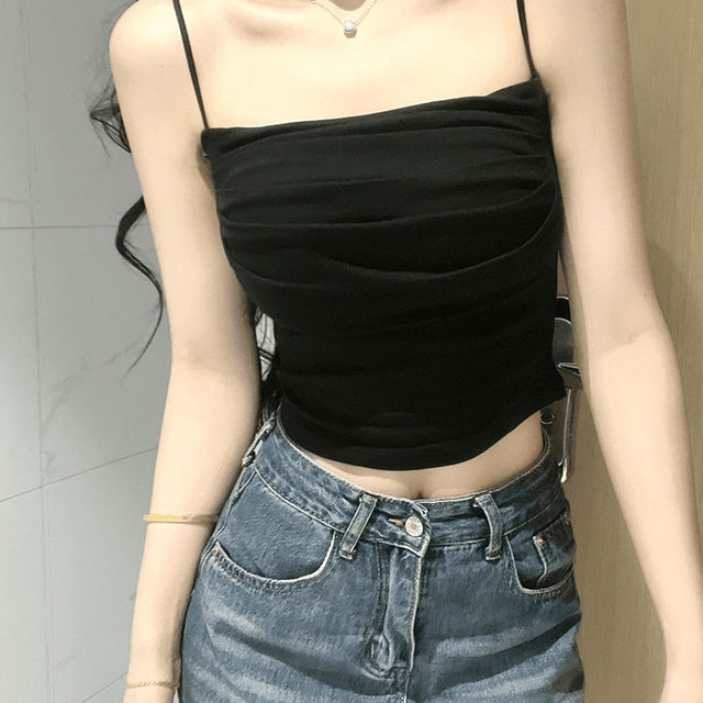 Pure pleated suspender vest for women in summer with chest pads to make them look slim and inner bottomed out with slim and beautiful back short top