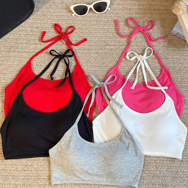 Beach vacation style sexy straps neck halter vest for women in summer short style with chest pad exposed navel top