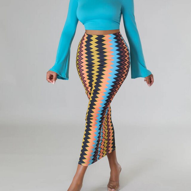 European and American new women's clothing 2025 rainbow print slim high waist elastic skirt mid-length hip-cover skirt tight