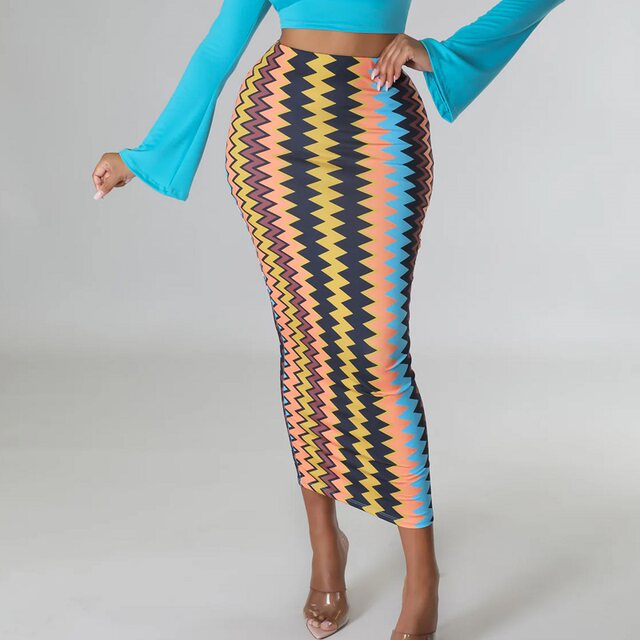 European and American new women's clothing 2025 rainbow print slim high waist elastic skirt mid-length hip-cover skirt tight