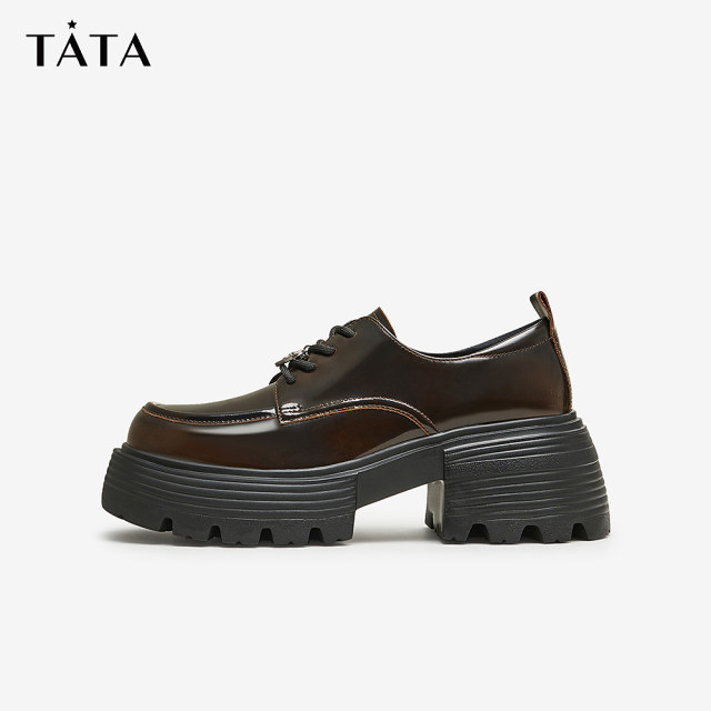Tata He and She Thick Sole Small Leather Shoes Women's Height-Enhanced JK Shoes Lace-Oxford Single Shoes Women's 2025 Summer New 7BW20CM4