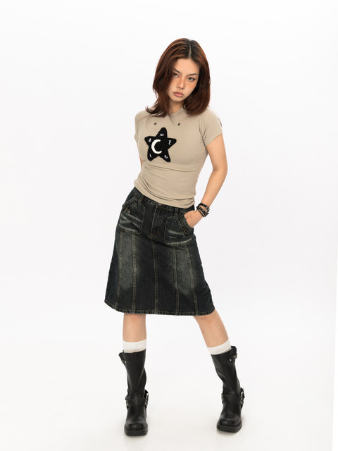 BLACKBB/American retro old denim skirt for women loose slim A-line skirt design niche short skirt