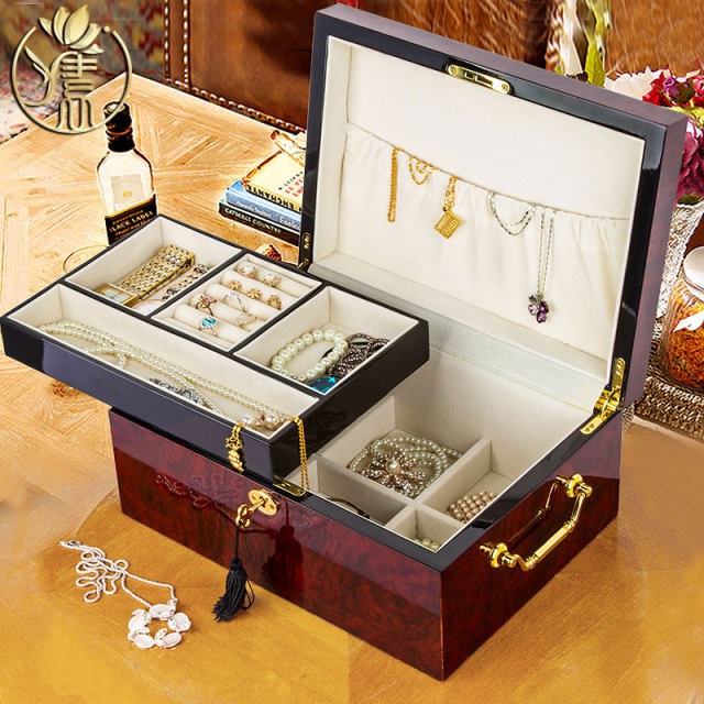 Wooden lockable jewelry box Korean large-capacity jewelry storage box high-end princess solid wood piano lacquer European gift