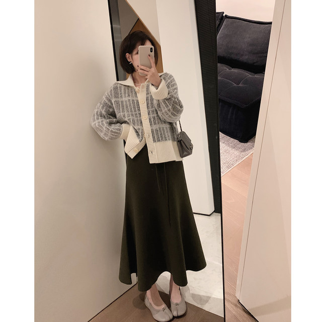 misslady French retro wool ingredients thickened lapel sweater geometric plaid long-sleeved cardigan jacket