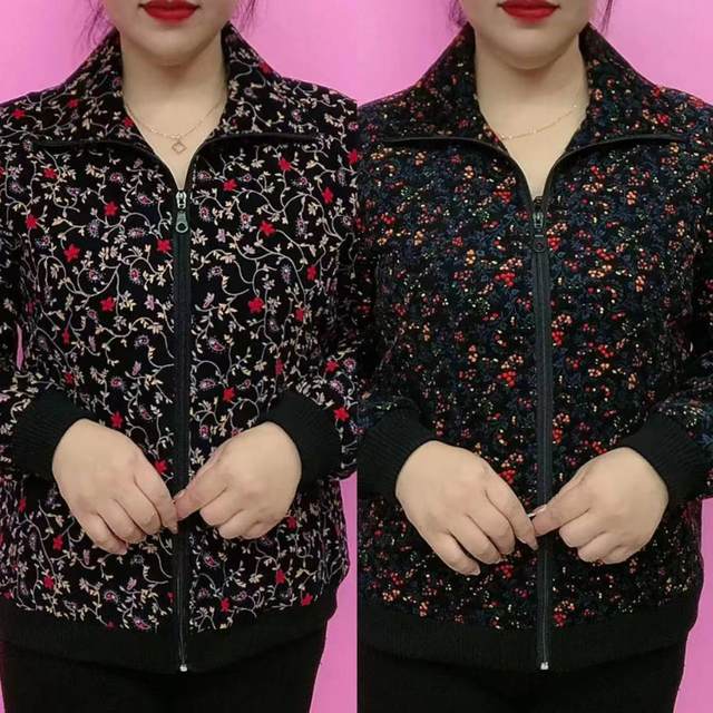 Autumn Internet celebrity new style warm long-sleeved floral zipper for middle-aged and elderly people, loose large size casual mother's wear, fashionable and versatile