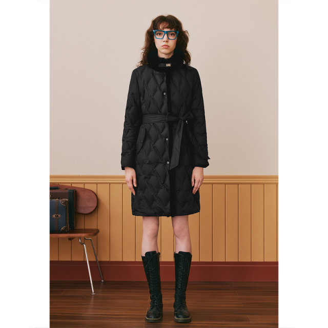 Psalm Selected Winter mink fur collar lace-up mid-length checked goose down jacket
