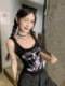 American short millennium print black vest for women in summer new hot girl style slim lace top