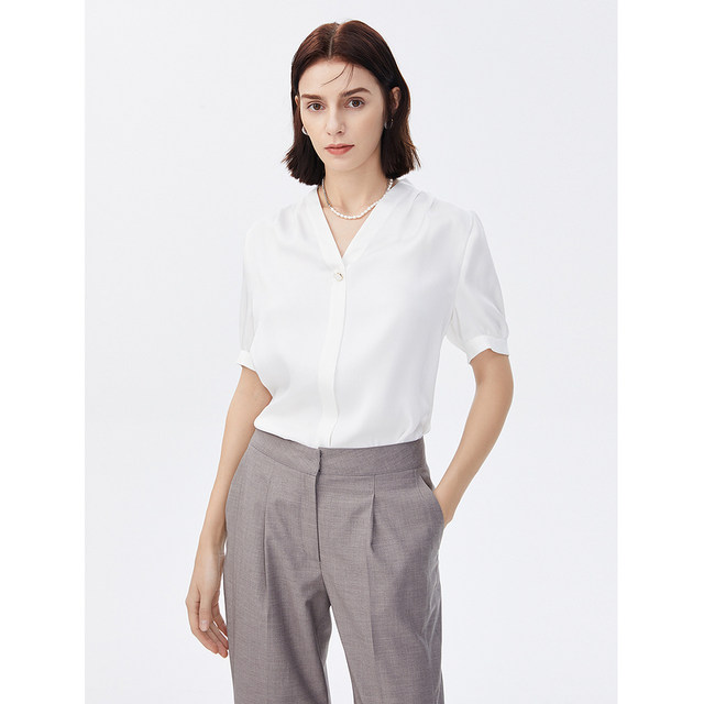 [Langzi Ole]Langzi French short-sleeved white shirt and shirt summer new style inner v-neck