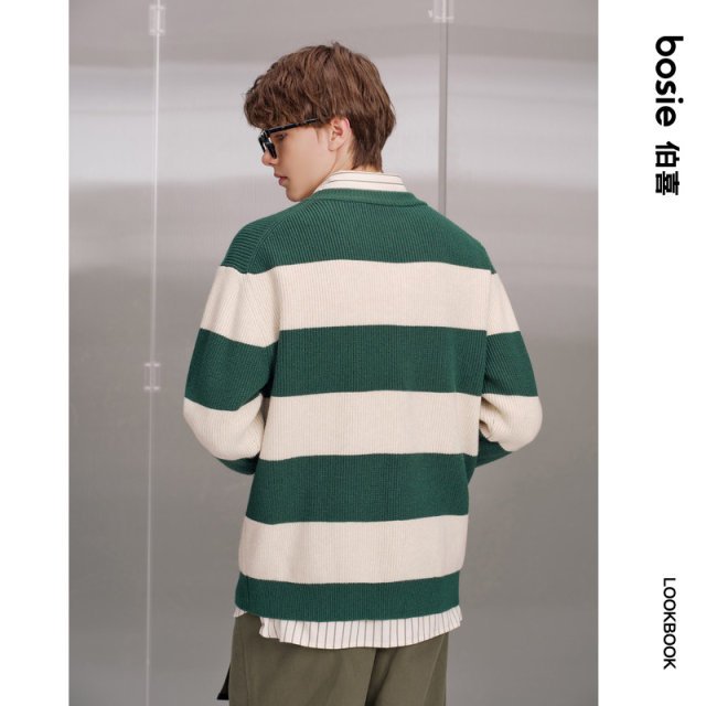 Bosie Boxi Spring and Autumn Pullover Round Neck Sweater Men's Couple Striped Sweater Fashionable and Versatile