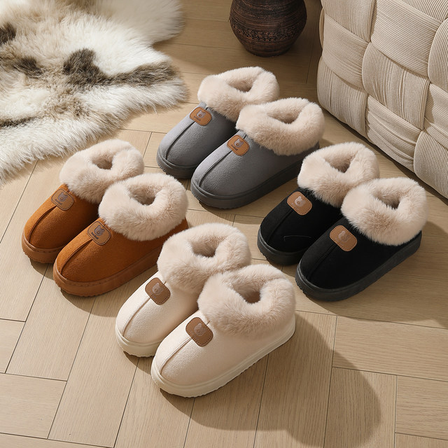 2025 new style bag-heeled cotton slippers for women, winter indoor home plus velvet, warm, non-slip cotton shoes, comfortable for men to wear outside