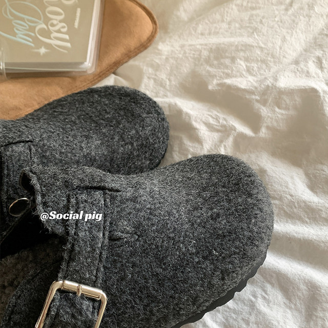 
I really love gray ~ furry slippers for women, thick-soled Birkenstock cotton shoes, winter non-slip toe-cap half slippers for women
