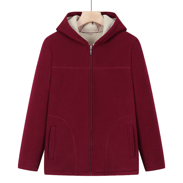 Mom's autumn and winter fleece coat loose polar fleece hooded sweatshirt for women grandma clothes middle-aged and elderly clothes cardigan for women