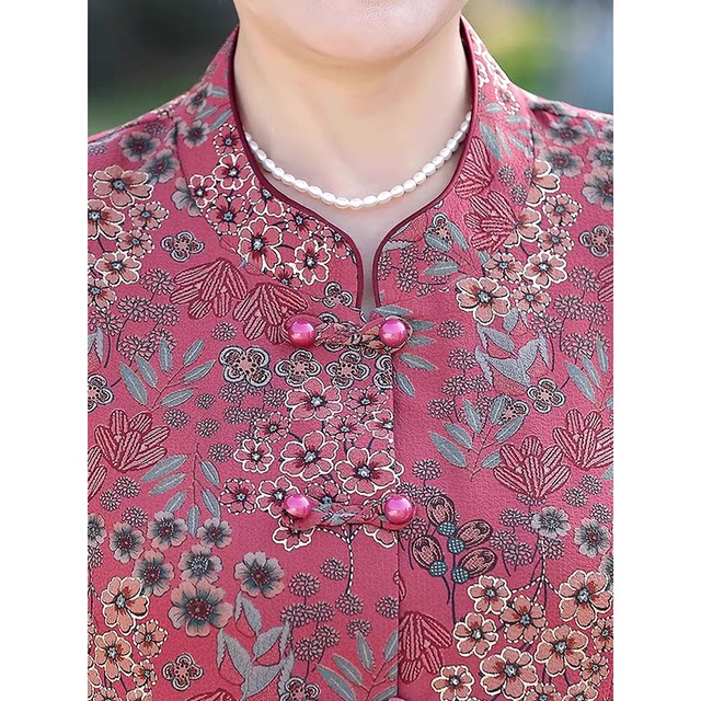 Grandma's mid-sleeve shirt, spring and summer clothing for the elderly, women's three-quarter sleeve mother's shirt, 70-year-old and 80-year-old Tang suit suit top