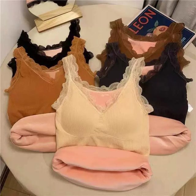 Lace warm camisole for women in autumn and winter plus velvet and thickening suit with chest pad and bottoming all-in-one velvet top