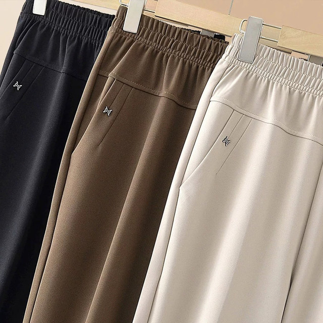 Middle-aged and elderly women's pants spring, summer and autumn elastic waist high-waist trousers wear loose large size loose straight-leg casual pants