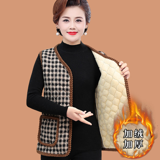 Middle-aged and elderly mothers autumn and winter vests plus velvet thickened vests for female grandmothers warm plaid vest jacket red