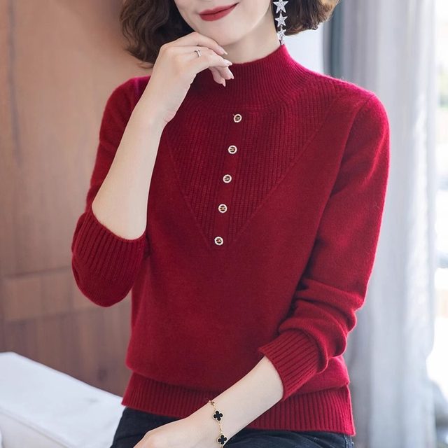 Middle-aged mothers' spring clothes new sweater for women with middle-aged and elderly autumn and winter tops fashionable half-high neck base shirt