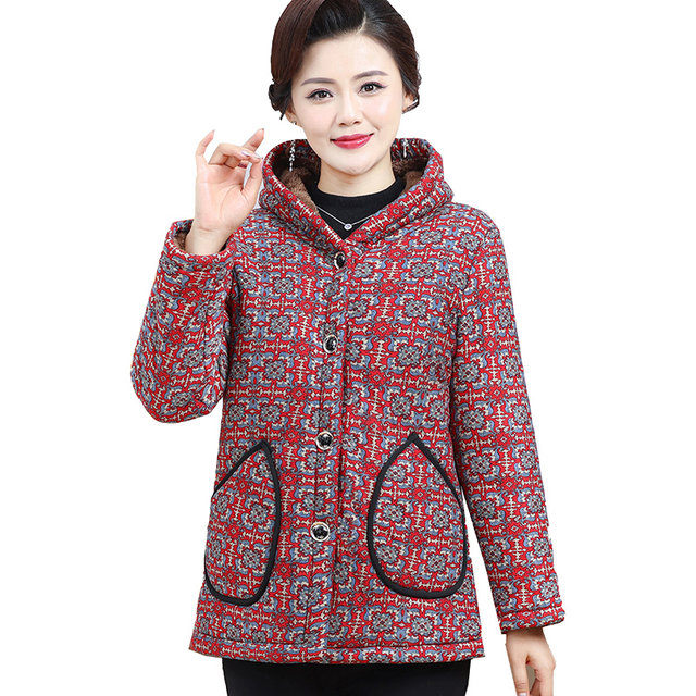 Middle-aged and elderly women's clothing, mother's clothing, floral cotton-padded jackets, elderly's grandmother's clothing, velvet and thickened winter clothing, warm cotton-padded jackets, red