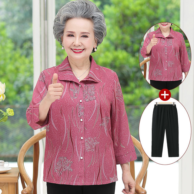 Mom autumn shirt middle-aged and elderly women's shirt 60 grandma spring and summer thin top 70-year-old old lady clothes