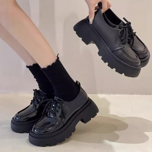 New British style small leather shoes for women 2024 spring and autumn thick sole versatile lace-up loafers black jk single shoes shiny