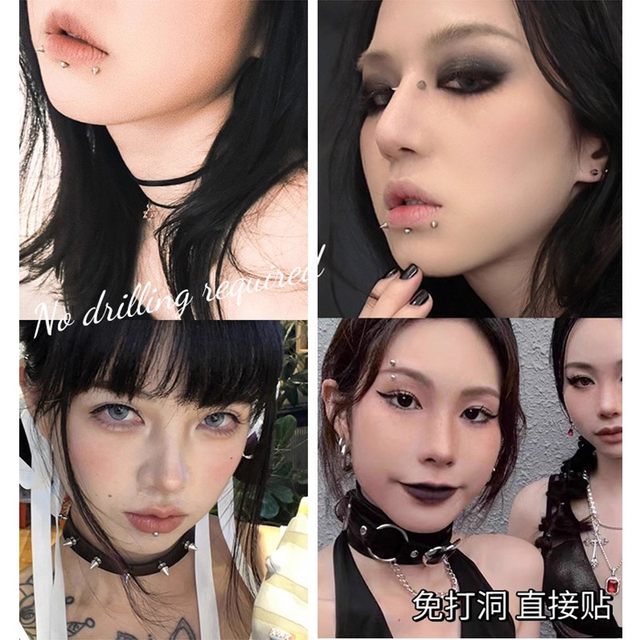 Fake eyebrow nails, lip nails, no punching, personality style, devilish punk style, no punching jewelry, hot girl fake nose nails, silver