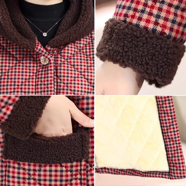 Winter thickened warm cotton coat mother's wear long velvet cotton coat top middle-aged and elderly women's cotton coat plaid
