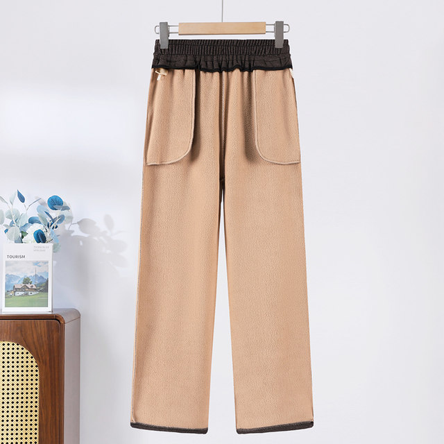 Mom's autumn and winter pants for middle-aged and elderly women's loose high-waisted casual straight trousers plus velvet thickened wide-leg pants black