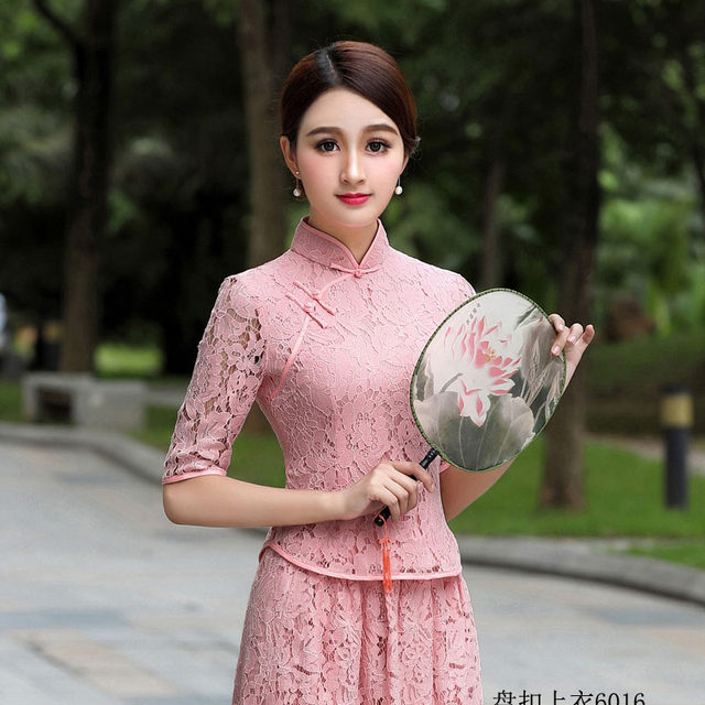 Classic short cheongsam top lace spring and summer new slim Chinese buckle fashion improved women's Tang suit dress
