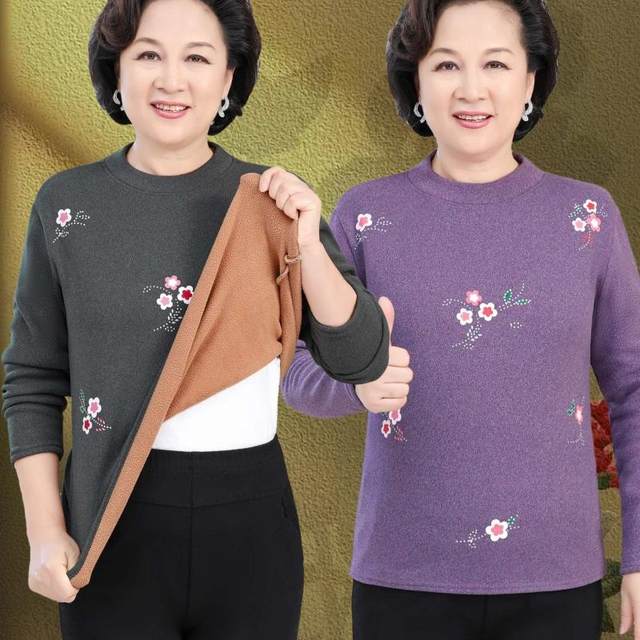 Grandma's thermal underwear plus velvet thickened base shirt for women, middle-aged and elderly mothers in winter round neck warm top
