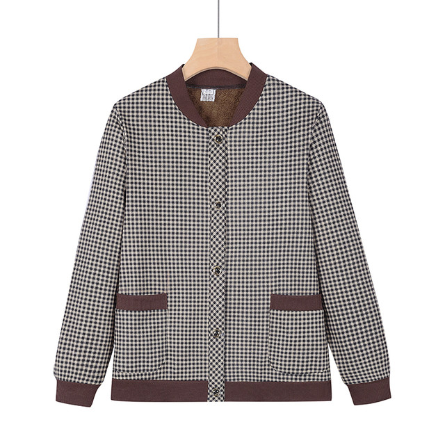 Middle-aged and elderly autumn and winter coat grandma hound plus velvet cardigan top mother round neck thin casual short jacket