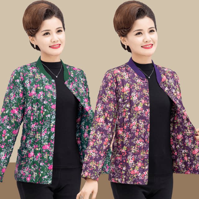 Mom in autumn and winter cotton jackets, light round neck cotton jackets, female inner jacket, elderly grandma dress, wearing small cotton jackets