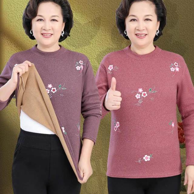 Grandma's thermal underwear plus velvet thickened base shirt for women, middle-aged and elderly mothers in winter round neck warm top
