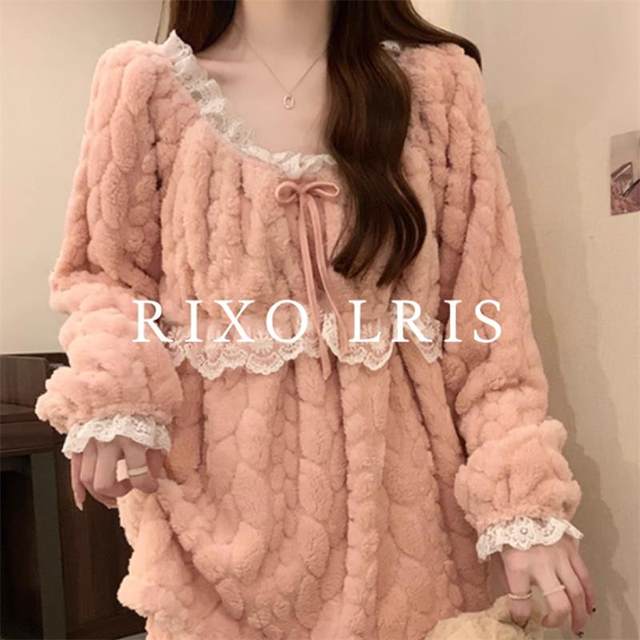 
RIXO LRIS French coral velvet pajamas suit for women in autumn and winter lace thickened waist warm new home clothes