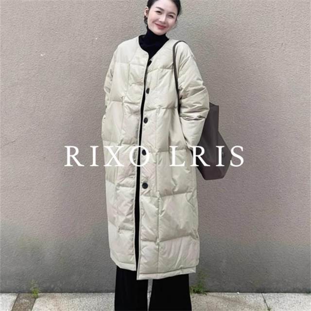 
RIXO LRIS French solid color thickened round collar plaid white duck down jacket for women all-match autumn and winter long coat