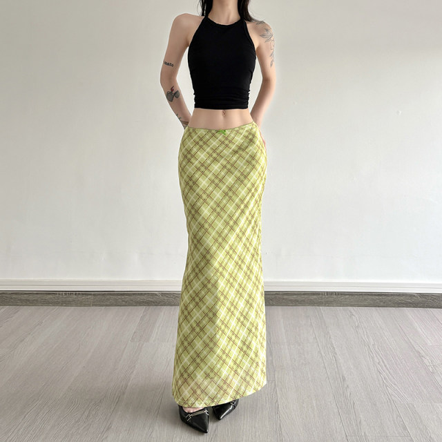 HEYOUNGIRL Summer Mambo Contrast Color Checker Green Mesh Skirt Fresh Retro Vintage Hip-cover Long Skirt
