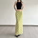 HEYOUNGIRL Summer Mambo Contrast Color Checker Green Mesh Skirt Fresh Retro Vintage Hip-cover Long Skirt