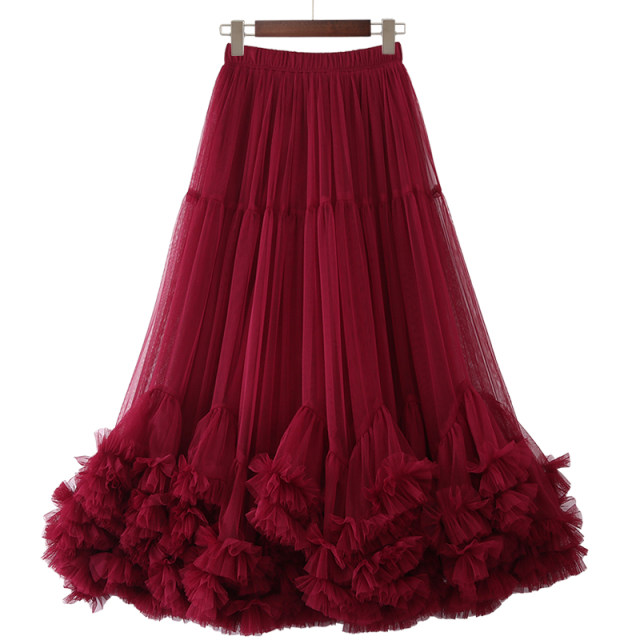Mesh large skirt for women 2024 autumn and winter retro splicing dance skirt elastic waist fairy skirt fluffy skirt